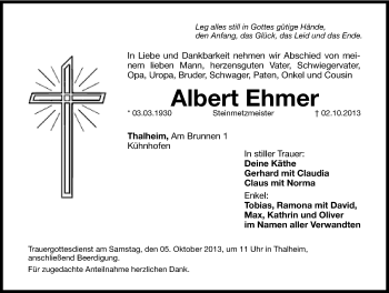 Traueranzeige von Albert Ehmer von Hersbrucker Zeitung