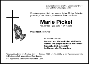 Traueranzeige von Marie Pickel von Hersbrucker Zeitung