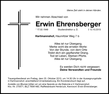 Traueranzeige von Erwin Ehrensberger von Hersbrucker Zeitung
