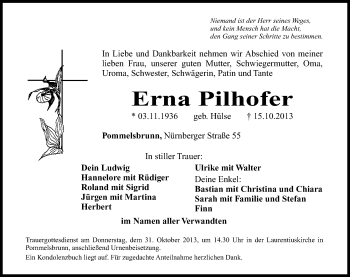 Traueranzeige von Erna Pilhofer von Hersbrucker Zeitung