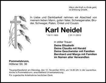 Traueranzeige von Karl Neidel von Hersbrucker Zeitung