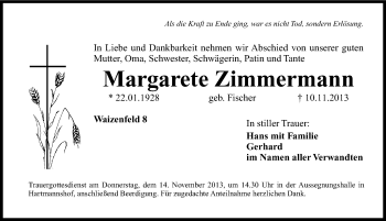 Traueranzeige von Margarete Zimmermann von Hersbrucker Zeitung