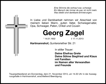 Traueranzeige von Georg Zagel von Hersbrucker Zeitung