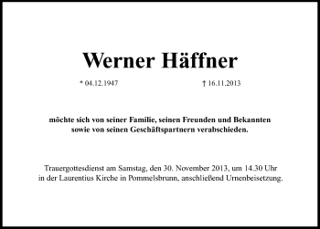 Traueranzeige von Werner Häffner von Hersbrucker Zeitung