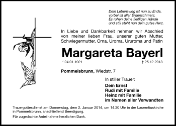 Traueranzeige von Margareta Bayerl von Hersbrucker Zeitung