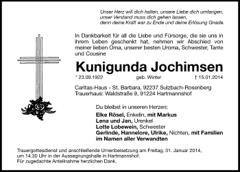 Traueranzeige von Kunigunda Jochimsen von Hersbrucker Zeitung