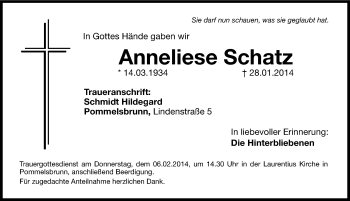 Traueranzeige von Anneliese Schatz von Hersbrucker Zeitung