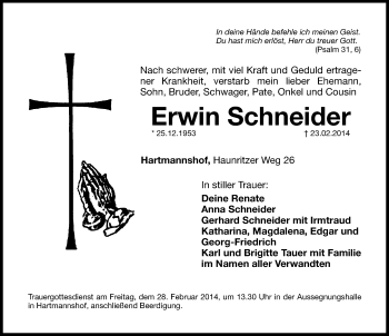 Traueranzeige von Erwin Schneider von Hersbrucker Zeitung