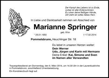 Traueranzeige von Marianne Springer von Hersbrucker Zeitung