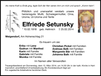 Traueranzeige von Elfriede Setunsky von Hersbrucker Zeitung