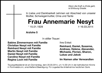 Traueranzeige von Annemarie Nesyt von Hersbrucker Zeitung