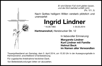 Traueranzeige von Ingrid Lindner von Hersbrucker Zeitung