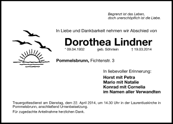 Traueranzeige von Dorothea Lindner von Hersbrucker Zeitung