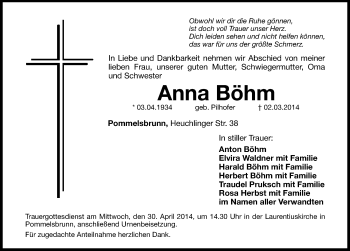Traueranzeige von Anna Böhm von Hersbrucker Zeitung