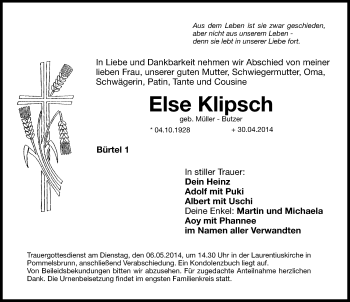Traueranzeige von Else Klipsch von Hersbrucker Zeitung
