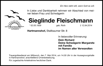 Traueranzeige von Sieglinde Fleischmann von Hersbrucker Zeitung