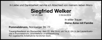 Traueranzeige von Siegfried Welker von Hersbrucker Zeitung