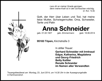 Traueranzeige von Anna Schneider von Hersbrucker Zeitung