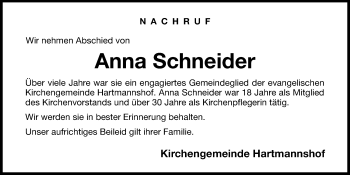 Traueranzeige von Anna Schneider von Hersbrucker Zeitung