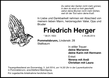 Traueranzeige von Friedrich Herger von Hersbrucker Zeitung