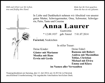 Traueranzeige von Anna Laurer von Hersbrucker Zeitung