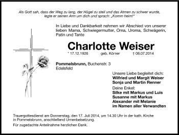 Traueranzeige von Charlotte Weiser von Hersbrucker Zeitung