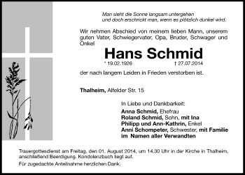 Traueranzeige von Hans Schmid von Hersbrucker Zeitung