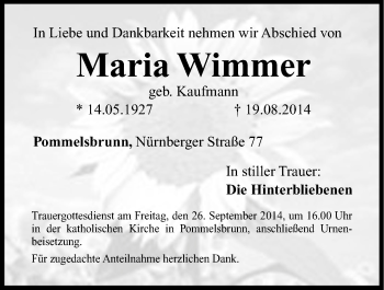 Traueranzeige von Maria Wimmer von Hersbrucker Zeitung