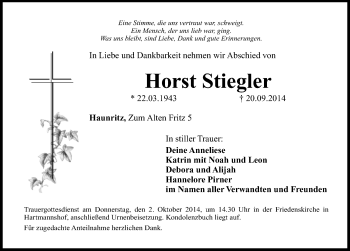 Traueranzeige von Horst Stiegler von Hersbrucker Zeitung
