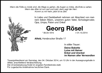 Traueranzeige von Georg Rösel von Hersbrucker Zeitung