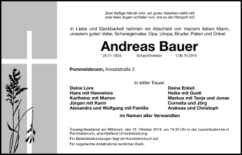 Traueranzeige von Andreas Bauer von Hersbrucker Zeitung