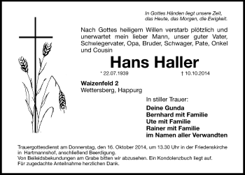 Traueranzeige von Dannstadt Haller von Hersbrucker Zeitung