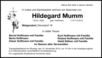 Traueranzeige von Hildegard Mumm von Hersbrucker Zeitung