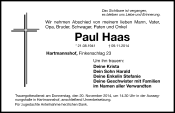 Traueranzeige von Paul Haas von Hersbrucker Zeitung