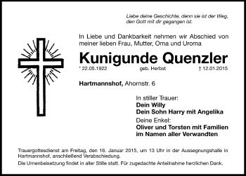 Traueranzeige von Kunigunde Quenzler von Hersbrucker Zeitung