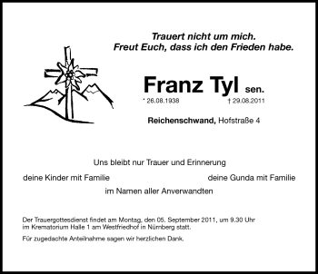 Traueranzeige von Franz Tyl sen. von Hersbrucker Zeitung