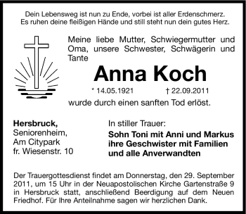 Traueranzeige von Anna Koch von Hersbrucker Zeitung