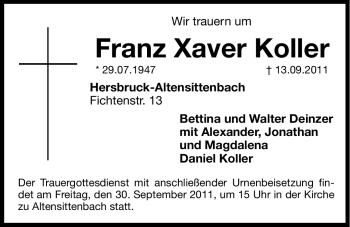 Traueranzeige von Franz Xaver Koller von Hersbrucker Zeitung