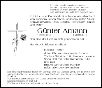 Traueranzeige von Günter Amann von Hersbrucker Zeitung