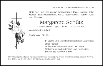 Traueranzeige von Margarete Schütz von Hersbrucker Zeitung