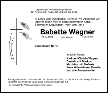 Traueranzeige von Babette Wagner von Hersbrucker Zeitung