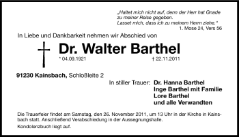 Traueranzeige von Walter Barthel von Hersbrucker Zeitung