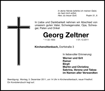 Traueranzeige von Georg Zeltner von Hersbrucker Zeitung