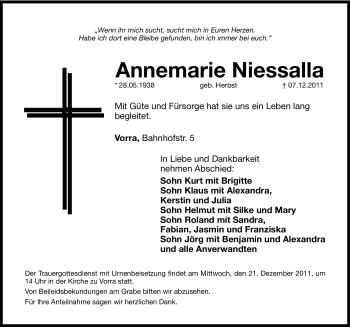Traueranzeige von Annemarie Niessalla von Hersbrucker Zeitung