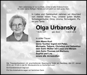 Traueranzeige von Olga Urbansky von Hersbrucker Zeitung