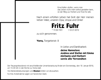 Traueranzeige von Fritz Fuhr von Hersbrucker Zeitung