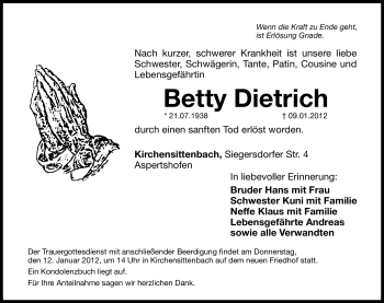 Traueranzeige von Betty Dietrich von Hersbrucker Zeitung