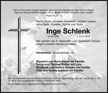 Traueranzeige von Inge Schlenk von Hersbrucker Zeitung