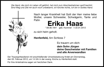 Traueranzeige von Erika Haas von Hersbrucker Zeitung