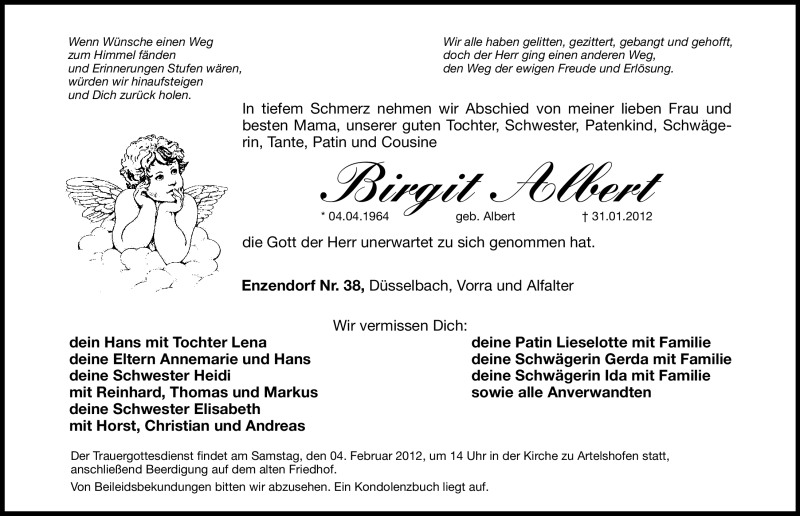  Traueranzeige für Birgit Albert vom 02.02.2012 aus Hersbrucker Zeitung